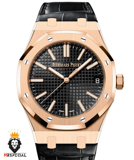 ساعت مردانه اودمار پیگه اتوماتیک رزگلد بند چرم صفحه مشکی AUDEMARS PIGUET ROYAL 4479