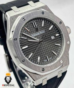 ساعت مردانه اودمار پیگه کوارتز بند رابر صفحه طوسی AUDEMARS PIGUET ROYAL 01309