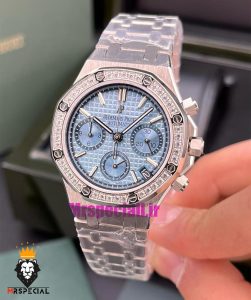 ساعت زنانه اودمار پیگه کرنوگراف بند استیل صفحه تیفانی قاب نگین AUDEMARS PIGUET ROYAL 021061