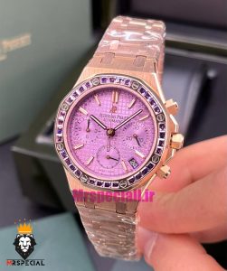 ساعت زنانه اودمار پیگه کرنوگراف رزگلد صفحه بنفش قاب نگین AUDEMARS PIGUET ROYAL 021062