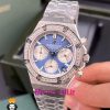 ساعت زنانه اودمار پیگه کرنوگراف بند استیل صفحه ابی قاب نگین AUDEMARS PIGUET ROYAL 021059
