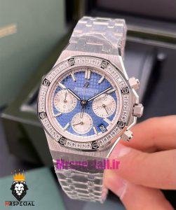 ساعت زنانه اودمار پیگه کرنوگراف بند استیل صفحه ابی قاب نگین AUDEMARS PIGUET ROYAL 021059