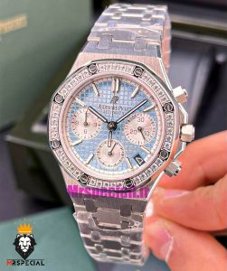 ساعت زنانه اودمار پیگه کرنوگراف بند استیل صفحه تیفانی قاب نگین AUDEMARS PIGUET ROYAL 021060