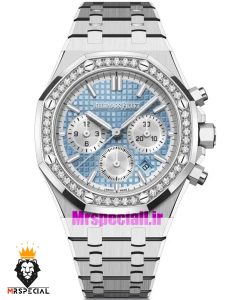 ساعت زنانه اودمار پیگه کرنوگراف بند استیل صفحه تیفانی قاب نگین AUDEMARS PIGUET ROYAL 021060