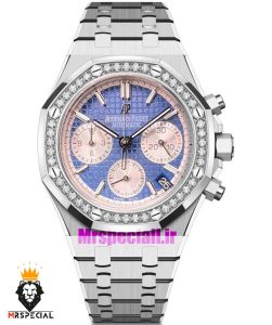 ساعت زنانه اودمار پیگه کرنوگراف بند استیل صفحه ابی قاب نگین AUDEMARS PIGUET ROYAL 021059