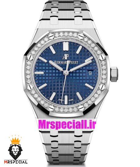ساعت اودمار پیگه زنانه کوارتز استیل صفحه ابی قاب نگین AUDEMARS PIGUET ROYAL 01261