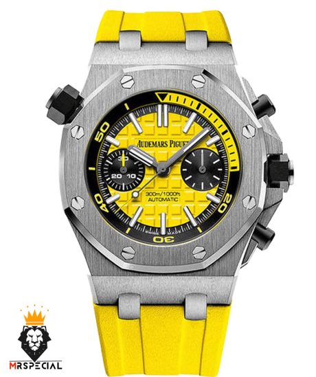 ساعت مردانه اودمار پیگه کرنوگراف بند رابر زرد صفحه زرد AUDEMARS PIGUET Offshore 01002