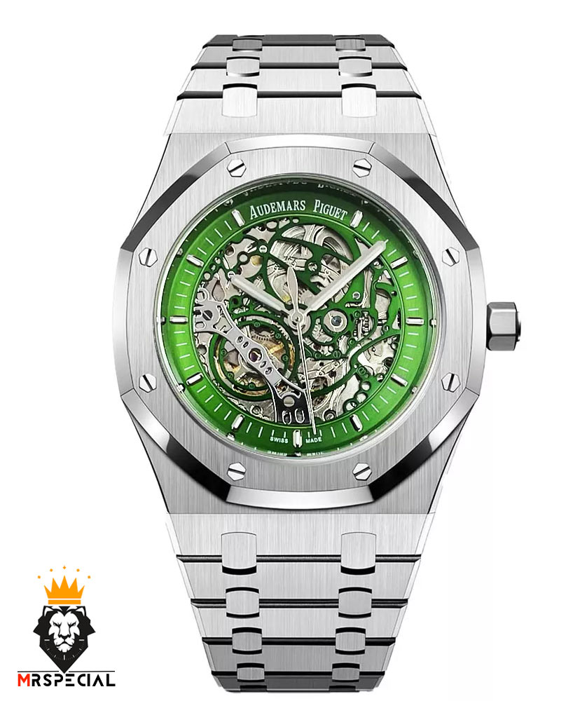 ساعت مردانه اودمار پیگه اتوماتیک استیل صفحه اسکلتون سبز AUDEMARS PIGUET ROYAL 01028