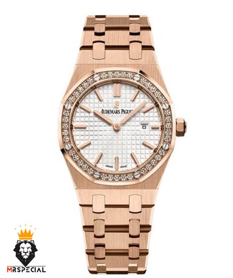 ساعت اودمار پیگه زنانه رزگلد صفحه سفید قاب نگین AUDEMARS PIGUET ROYAL 01571