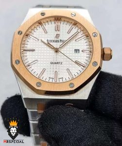 ساعت مردانه اودمار پیگه کوارتز دورنگ رزگلد صفحه سفید AUDEMARS PIGUET ROYAL 01554