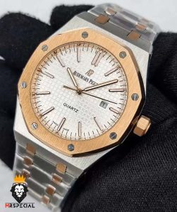 ساعت مردانه اودمار پیگه کوارتز دورنگ رزگلد صفحه سفید AUDEMARS PIGUET ROYAL 01554
