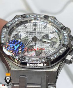 ساعت زنانه اودمار پیگه کرنوگراف بند استیل صفحه سفید قاب نگین AUDEMARS PIGUET ROYAL 021273 