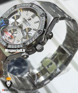 ساعت زنانه اودمار پیگه کرنوگراف بند استیل صفحه سفید قاب نگین AUDEMARS PIGUET ROYAL 021273 