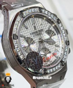 ساعت زنانه اودمار پیگه کرنوگراف بند استیل صفحه سفید قاب نگین AUDEMARS PIGUET ROYAL 021273 