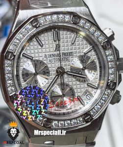 ساعت زنانه اودمار پیگه کرنوگراف بند استیل صفحه سفید قاب نگین AUDEMARS PIGUET ROYAL 021273 