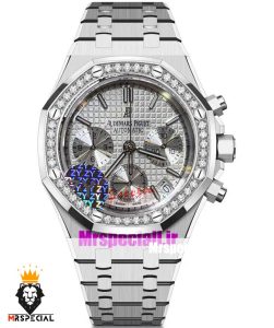 ساعت زنانه اودمار پیگه کرنوگراف بند استیل صفحه سفید قاب نگین AUDEMARS PIGUET ROYAL 021273