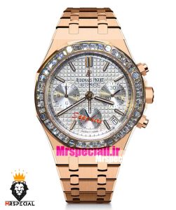 ساعت زنانه اودمار پیگه کرنوگراف رزگلد صفحه سفید قاب نگین AUDEMARS PIGUET ROYAL 021274