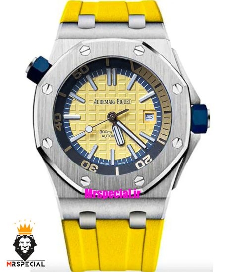 ساعت مردانه اودمار پیگه مدل افشور بند رابر زرد اتوماتیک قاب استیل صفحه زرد AUDEMARS PIGUET OFFSHORE 021280
