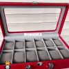 جعبه ساعت چوبی 12 تایی چرم قرمز در شیشه ای لوکس داخل طوسی 0054 WATCH BOX