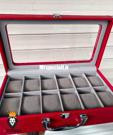 جعبه ساعت چوبی 12 تایی چرم قرمز در شیشه ای لوکس داخل طوسی 0054 WATCH BOX