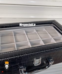 جعبه ساعت چوبی 12 تایی چرم مشکی در شیشه ای لوکس داخل طوسی 0053 WATCH BOX 