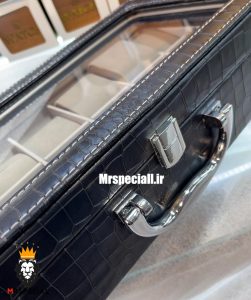 جعبه ساعت چوبی 12 تایی چرم مشکی در شیشه ای لوکس داخل طوسی 0053 WATCH BOX 