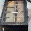 جعبه ساعت چوبی 12 تایی چرم مشکی در شیشه ای لوکس داخل طوسی 0053 WATCH BOX