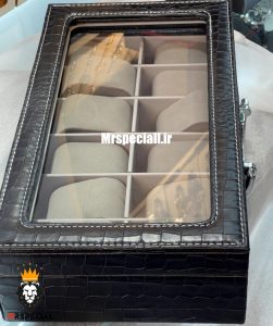 جعبه ساعت چوبی 12 تایی چرم مشکی در شیشه ای لوکس داخل طوسی 0053 WATCH BOX 