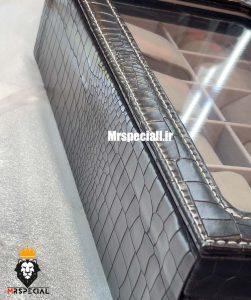 جعبه ساعت چوبی 12 تایی چرم مشکی در شیشه ای لوکس داخل طوسی 0053 WATCH BOX 