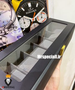 جعبه ساعت چوبی 6 تایی مشکی درب شیشه ای پارچه طوسی 0051 WATCH BOX 