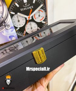 جعبه ساعت چوبی 6 تایی مشکی درب شیشه ای پارچه طوسی 0051 WATCH BOX 