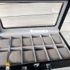 جعبه ساعت چوبی 12 تایی چرم مشکی در شیشه ای لوکس داخل طوسی 0053 WATCH BOX
