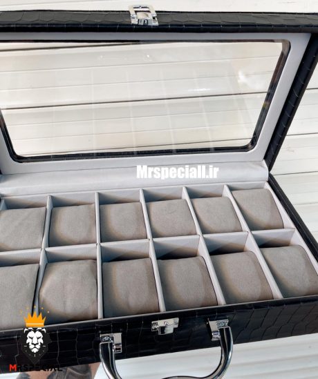 جعبه ساعت چوبی 12 تایی چرم مشکی در شیشه ای لوکس داخل طوسی 0053 WATCH BOX