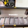 جعبه ساعت چوبی 6 تایی چرم مشکی دور دوخت پارچه طوسی 0052 WATCH BOX