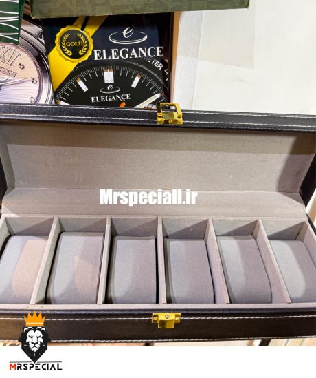 جعبه ساعت چوبی 6 تایی چرم مشکی دور دوخت پارچه طوسی 0052 WATCH BOX