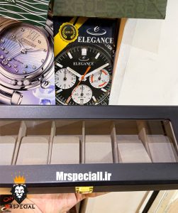 جعبه ساعت چوبی 6 تایی مشکی درب شیشه ای پارچه طوسی 0051 WATCH BOX 