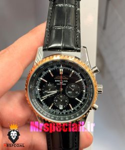 ساعت مردانه برایتلینگ نوی تایمر کرنوگراف دورنگ رزگلد بند چرم صفحه مشکی Breitling Navitimer 021719
