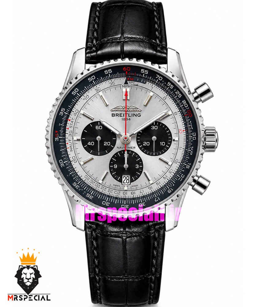 ساعت مردانه برایتلینگ نوی تایمر کرنوگراف بند چرم صفحه طوسی Breitling Navitimer 021724