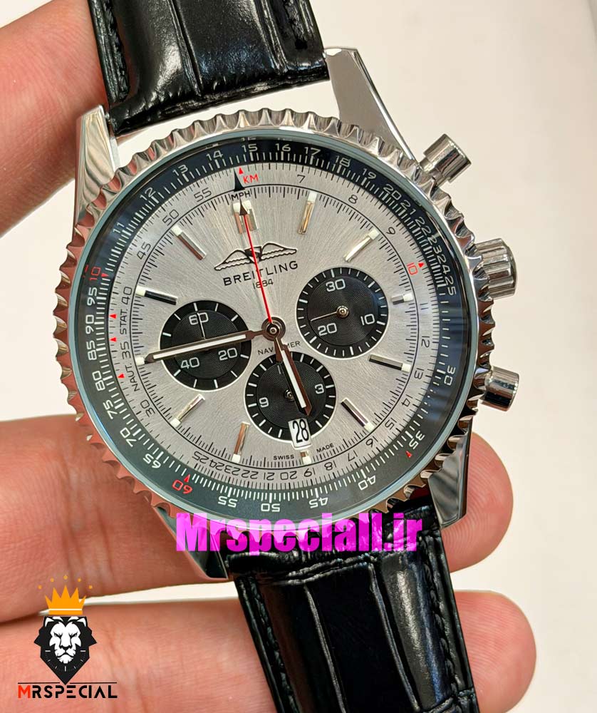 ساعت مردانه برایتلینگ نوی تایمر کرنوگراف بند چرم صفحه طوسی Breitling Navitimer 021724