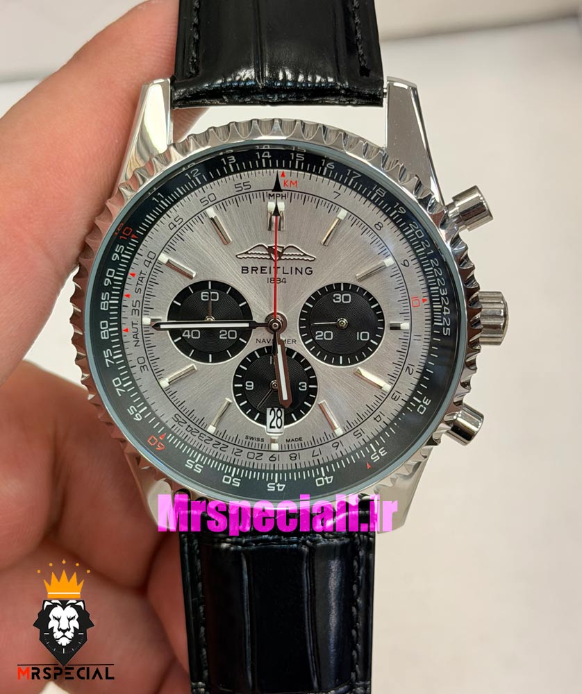 ساعت مردانه برایتلینگ نوی تایمر کرنوگراف بند چرم صفحه طوسی Breitling Navitimer 021724
