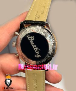ساعت مردانه برایتلینگ نوی تایمر کرنوگراف دورنگ رزگلد بند چرم صفحه مشکی Breitling Navitimer 021719