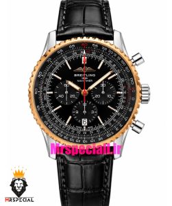 ساعت مردانه برایتلینگ نوی تایمر کرنوگراف دورنگ رزگلد بند چرم صفحه مشکی Breitling Navitimer 021719