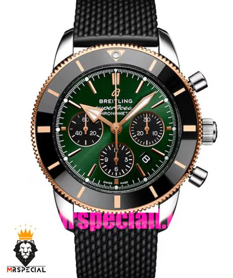 ساعت برایتلینگ مردانه کرنوگراف بند رابر مشکی قاب رزگلد صفحه سبز Breitling Super Ocean 020959