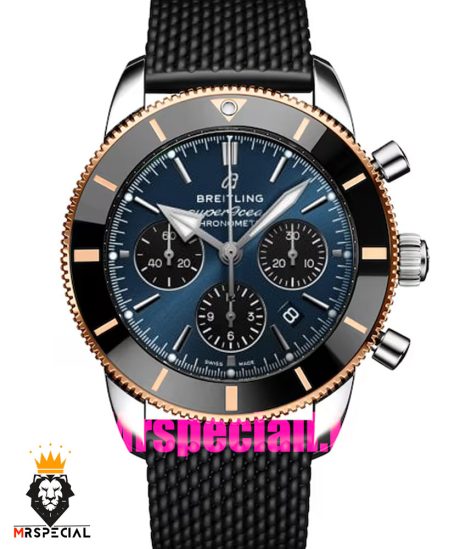 ساعت برایتلینگ مردانه کرنوگراف بند رابر مشکی قاب رزگلد صفحه ابی Breitling Super Ocean 020960