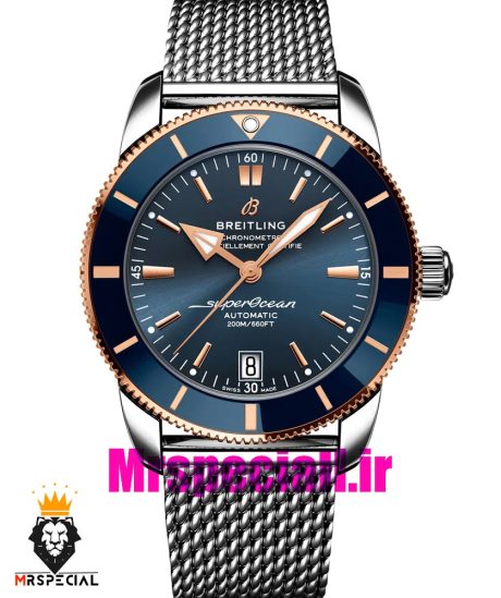 ساعت برایتلینگ مردانه اتوماتیک بند استیل حصیری قاب رزگلد صفحه ابی Breitling Super Ocean 020957