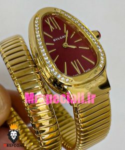 ساعت بولگاری زنانه مدل ماری دستبندی طلایی صفحه قرمز قاب نگین BVLGARI SERPENTI TUBOGAS 020897 