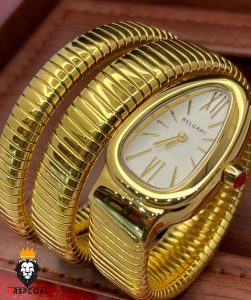 ساعت زنانه بولگاری ماری دستبندی طلایی صفحه سفید BVLGARI SERPENTI TUBOGAS 2344
