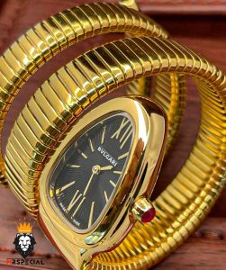 ساعت زنانه بولگاری ماری دستبندی طلایی صفحه مشکی BVLGARI SERPENTI TUBOGAS 2345
