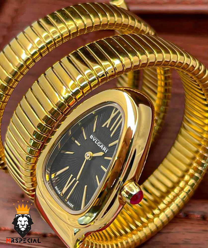 ساعت زنانه بولگاری ماری دستبندی طلایی صفحه مشکی BVLGARI SERPENTI TUBOGAS 2345
