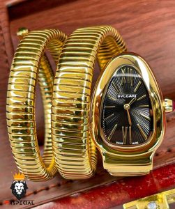ساعت زنانه بولگاری ماری دستبندی طلایی صفحه مشکی BVLGARI SERPENTI TUBOGAS 2345